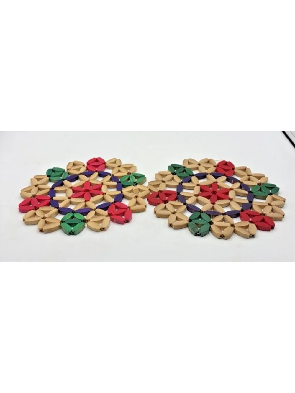 Vintage Folk Art Wooden Bead Trivets Red Green Natural Lot of 2 Hot Pad Pot Mat